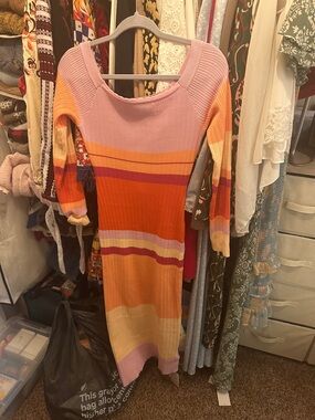 Commence Colorblock Ribbed Knit Midi Dress in Pink, Orange, Yellow size XS